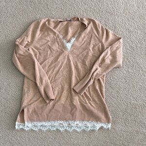 Women's Tan Lace Trim V-Neck Top